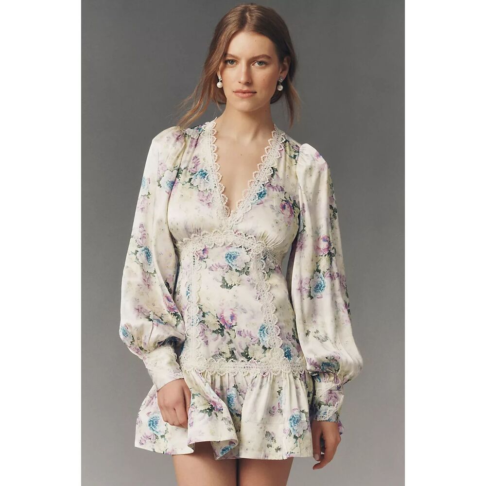 NWT Anthropologie BHLDN Abby Long-Sleeve Mini Dress, Blue Floral, Size 4